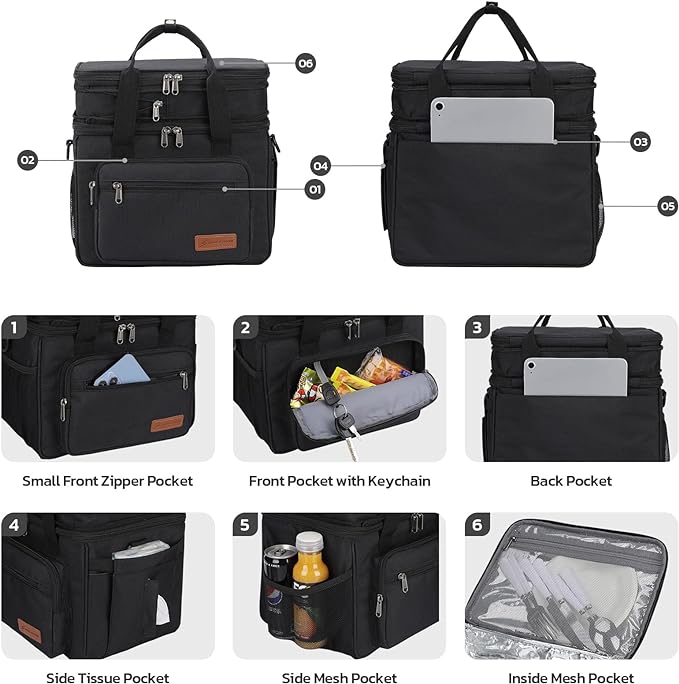 Maelstrom Lunch Box, 23L Insulated Lunch Bag, Expandable Double Deck Cooler Bag, Lightweight Leakproof Tote Bag With Side Tissue Pocket, Suit For Men and Women, Black