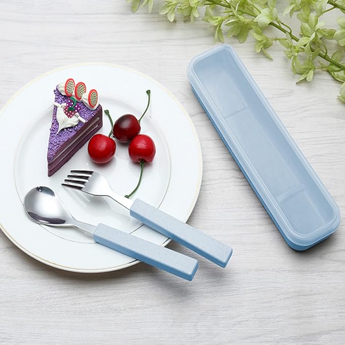 VANRA 3-Piece Children Utensils Set 18/10 Stainless Steel Child Flatware Set Silverware Knife Spoon Fork Set with Travel Case for Kids Lunch Box (Blue)