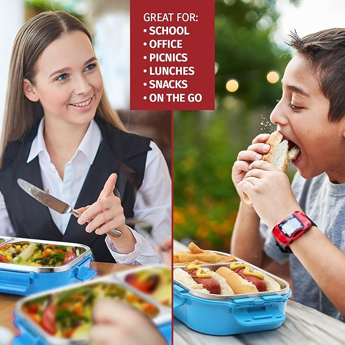 Signoraware Stainless Steel Bento Box Adult Lunch Box For Men, Women, Kids Bento Lunch Box Leak Proof Between 2 Compartments Meal Prep Containers Lunch Containers For Adults And Kids School Green