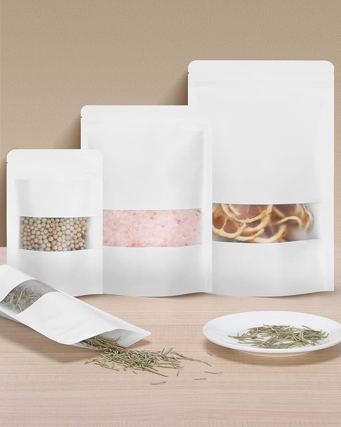 100pcs Kraft Bags with Window 7.1x10 Inches White Reusable Sealable Ziplock Food Storage Stand up Paper Pouches for Home or Business