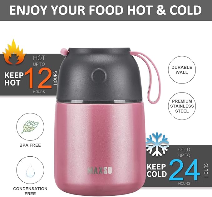 Insulated Food Jar for Hot & Cold Food for Kids Adult,17 oz Soup Thermo Hot Food Containers for Lunch, Triple Layer Insulation Stainless Steel Food Jar with Spoon (Pink)