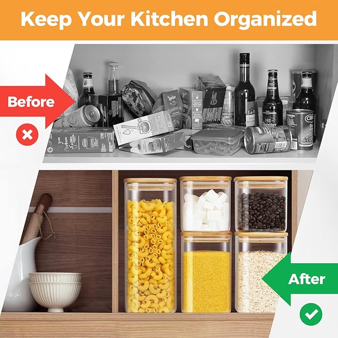 Glass Food Storage Jars with Bamboo Lids Square, Includes 1 Set of 74oz, 2 Set of 41oz & 27oz Storage Kitchen Canisters Pantry For Cookies Cereal Nuts Coffee Beans (Set of 5)