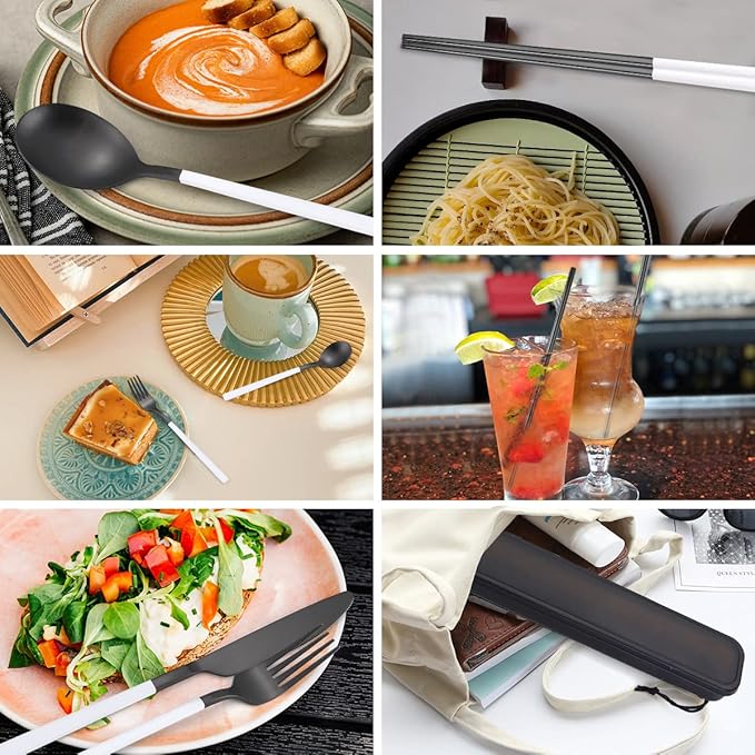 AARAINBOW 6 Pieces Stainless Steel Flatware Set Portable Reusable Cutlery Set Travel Utensils Set Including Chopsticks Knife Fork Spoon Straws Cleaning Brush Dishwasher Safe (White&Black)