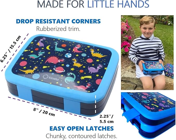 Bento Lunch Box with Bag, Water Bottle & Ice Pack Set for Kids Toddlers, 4 Portion Sections, Removable Tray, Pre-School Boy Toddler Daycare Lunches, Insulated Snack Container, Blue Space Dinosaur