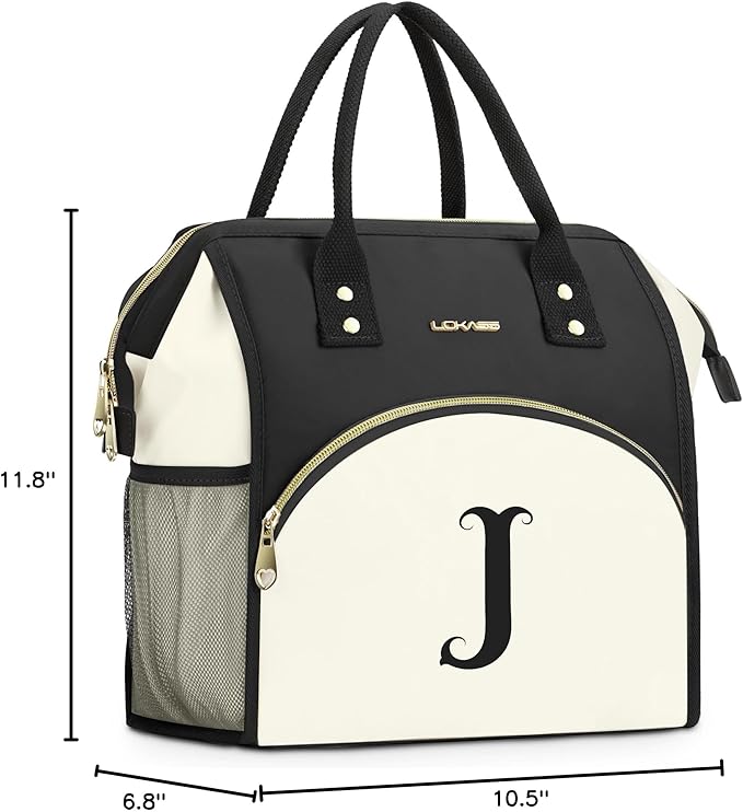 Personalized Lunch Bag for Women, Preppy Reusable Insulated Initials Lunch Box Gift for Friend Large Wide-Open Water Resistant Adult Cooler Tote Bag for Work, Travel, Picnic - Black J