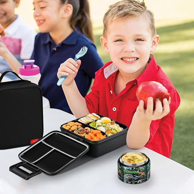 Bento Lunch Box for Kids With 8oz Soup thermo,Leak-proof Lunch Containers with 5 Compartment,thermo Food Jar and Lunch Bag, Food Containers for School (A-Black(Dinosaur Fossil))