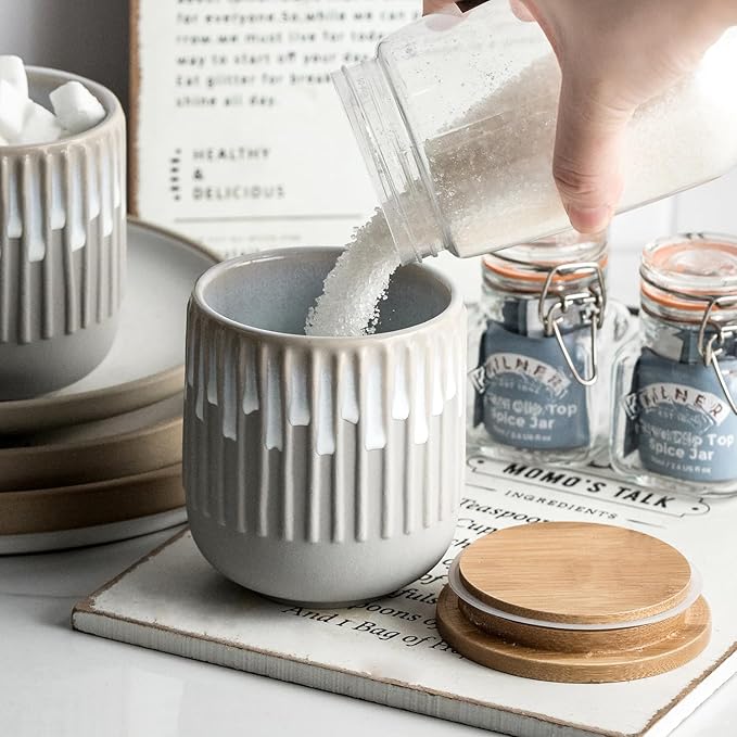 Kitchen Decorative Canisters Ceramic Food Storage Jars, Stackable Spice Jars with Airtight Lid, Wide Mouth Sugar Containers, Small Canisters for Snacks, Ground Coffee, Tea, Honey, Salt - 14 Oz