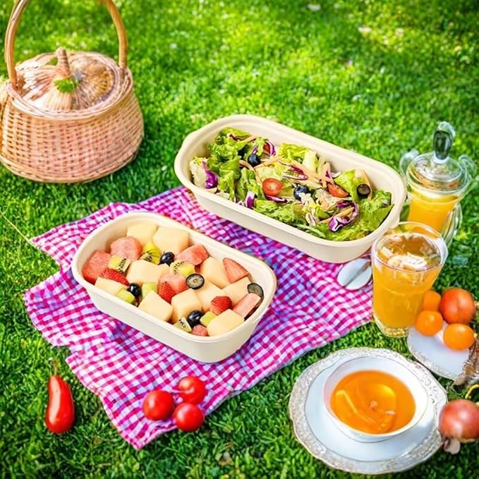 100 Pack 23 Oz Disposable Meal Prep Containers with Lids, Rectangle Paper Bowls with Lids for Salad,Leftovers, Leak-proof To Go Food Box Cardboard Lunch Box Compostable Take Out Food Containers