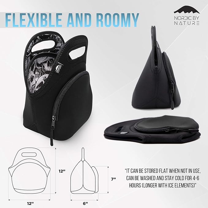 Lunch Bag Set For Women, Men & Kids | Extra Thick 5mm Insulated Neoprene Keeps Your Lunch Box Delicious For Hours | Washable | Water Bottle Sleeve | Extra Pocket | YKK zippers | Skulls