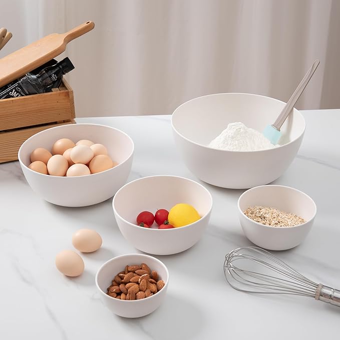 LEHAHA Mixing Bowls Set (5 Piece Set) Nested Melamine Kitchen Bowls Set, Large Stackable Serving Bowls for Kitchen, Storage Bowl Ideal for Prepping, Cooking and Serving Food, White