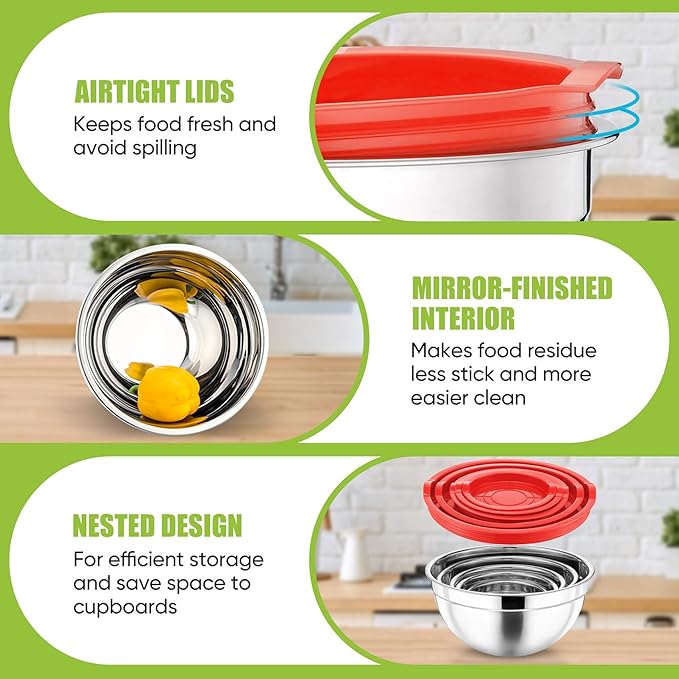 P&P CHEF Mixing Bowl with Lid Set of 5, 10-Piece Stainless Steel Nesting Salad Bowl Set for Prepping, Mixing and Serving, Size 4.6, 3, 1.5, 1, 0.7 QT, Rimmed Edges & Flat Base, Red