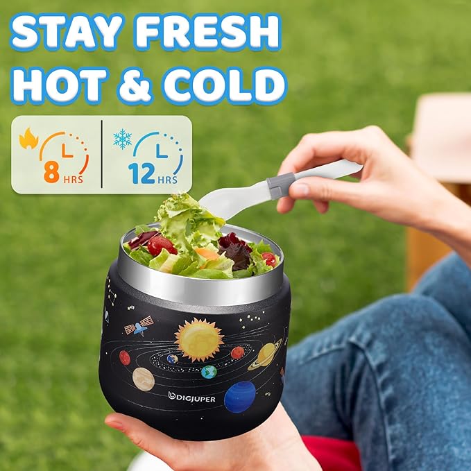 Wide-Mouth Thermo for Hot Food 12OZ - with Insulated Lunch Bag, Cold-12h Hot-8h, Spill-proof BPA-free Stainless Steel Vacuum Soup Box Container for Toddler Kids Boy, Space Food Jar for School Picnic