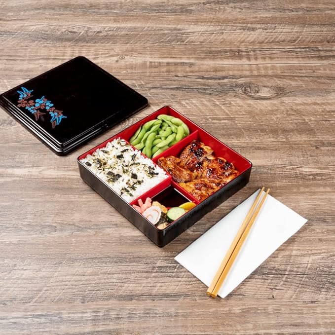 Restaurantware-8.3 x 2.2 Inch Compartment Lunch Container, 1 Japanese Style Adult Lunch Container - With 5 Compartments, Greaseproof, Black & Red Plastic Divided Lunch Box, For Hot & Cold Food