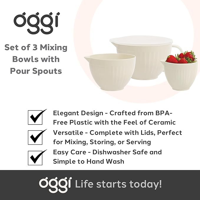 Oggi Set of 3 Mixing Bowls with Pour Spout - Nested Plastic Bowls for Kitchen, Durable Mixing Bowls with Lids Set, BPA-Free Plastic Bowls with Lids - 0.5, 1, 2 Qt