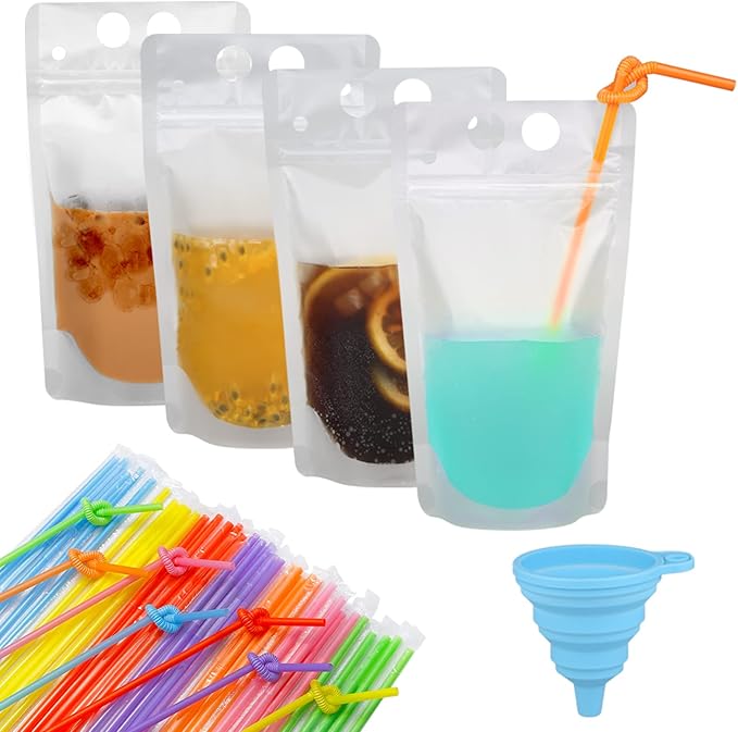 100 Pcs Zipper Plastic Pouches Drink Bags,Heavy Duty Hand-Held Translucent frosted Reclosable Stand-up Bag 2.4" Bottom Gusset with 100pcs Straws & Funnel Included