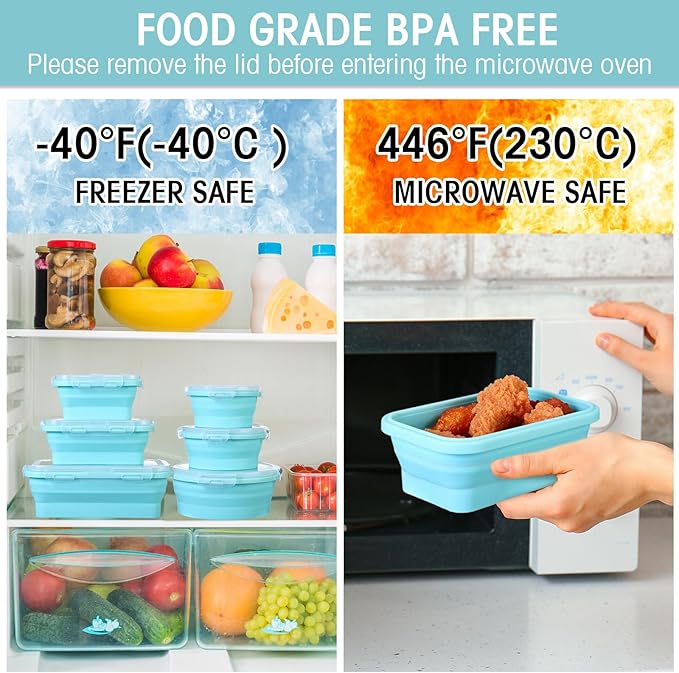 Yaomiao 16 Pack Collapsible Food Storage Containers with Lid Foldable 8 Pcs Rectangle Storage Bowl and 8 Pcs Round Silicone Food Bow for Lunch Rv Accessories Microwave Freezer Safe(Blue)