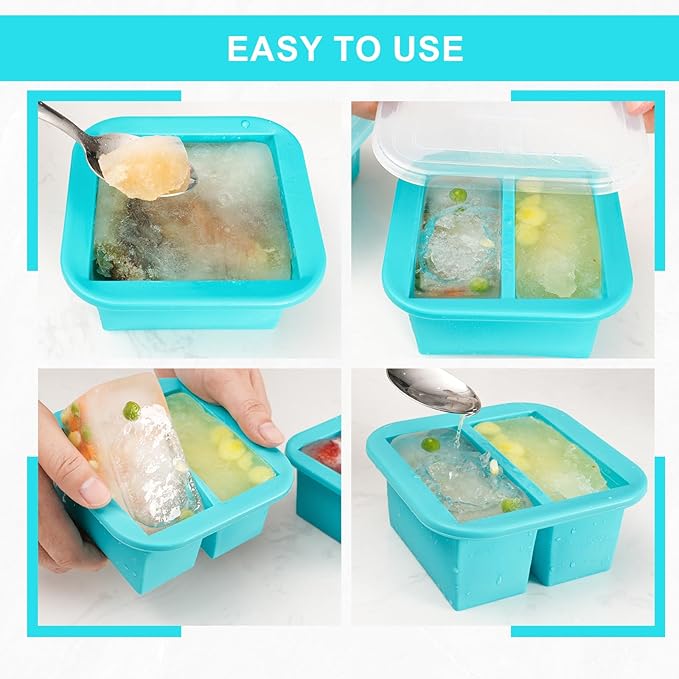 Silicone Freezer Tray with Lid 4 Pack Silicone Freezer Molds Ice Cube Tray Makes 8 Perfect 1 Cup Portions Soup Cubes Meal Prep Containers - Oven & Dishwasher Safe