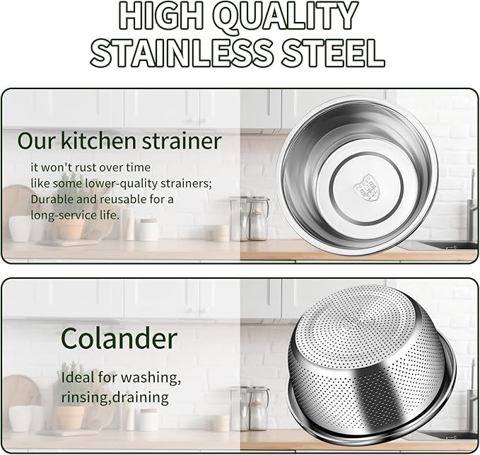 salad-bowls,5PCS Meal Prep Stainless Steel Mixing Bowls Set, and Kitchen Food Storage Organizers | Ecofriendly, Cooking and Storage Nesting Dough, Kitchen Stainless Steel Microporous Colander
