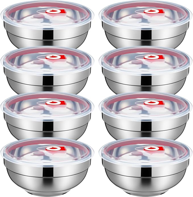 Honeydak 8 Pcs Stainless Steel Mixing Bowls with Lids Large Insulated Metal Double Walled Noodle Soup Snack Bowls Leak Proof Food Storage Container (44 oz)