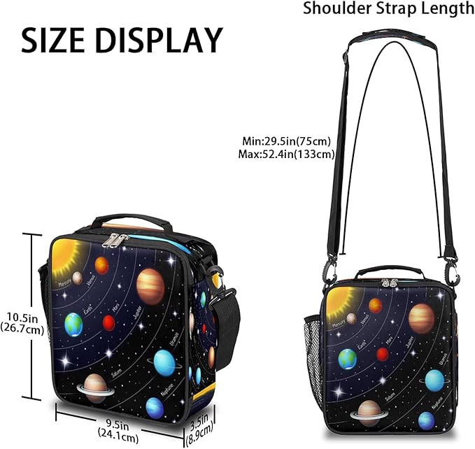 Universe Galaxy Solar System Planets Kids Lunch Box Insulated Lunch Bag Tote for Girls Boys, Cooler Freezable Meal Prep Bag with Shoulder Strap Waterproof Lunch Container for School Office Picnic