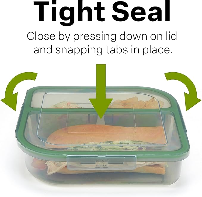 Large To-Go 3-Compartment Food Containers, Pack Of 3, 9-3/8" X 9-3/8" X 2-1/2", Reusable, Microwave Safe, NSF Certified, Smoke/Green