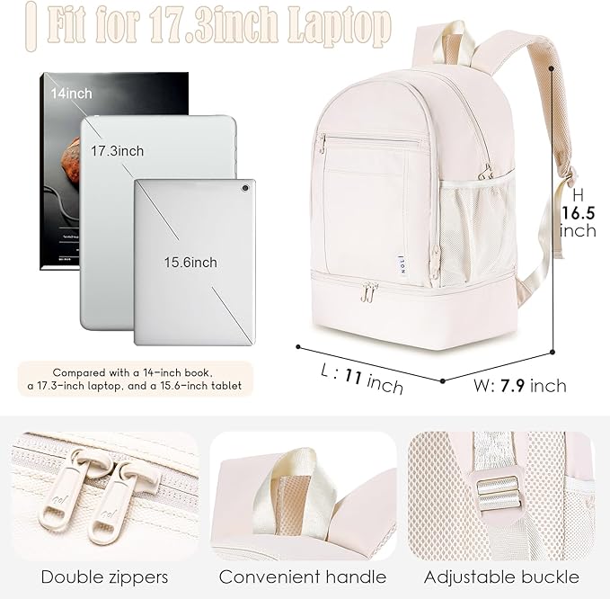 NOL Natural Organic Lifestyle Kids 2-in-1 Backpack & Insulated Lunch Bag-16 Multi-Functional Large Compartments Backpack for School & Travel, Double Deck, Water Resistant, Leak-proof, Padded (Cream)