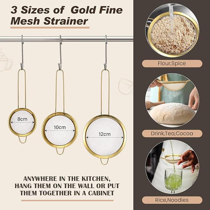 Baderke 7 Pcs Gold Kitchen Accessories Includes 4 Quart Stainless Steel Gold Colander and 3 Pcs Fine Mesh Strainer, Size 1, 1.5, 2 Qt Mixing Bowls with Airtight Lids for Kitchen Baking Serving Food