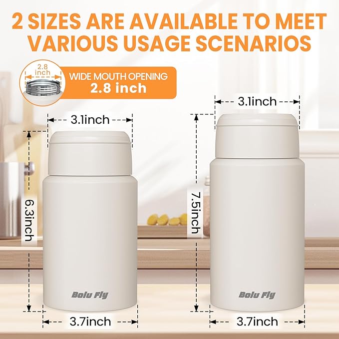 2 Pack Soup Thermo for Hot & Cold Food for Adults, Insulated Food Jar, Stainless Steel Vacuum Thermal Lunch Box Containers with Carry Bag and Spoon (18.5oz, 27oz) (White)