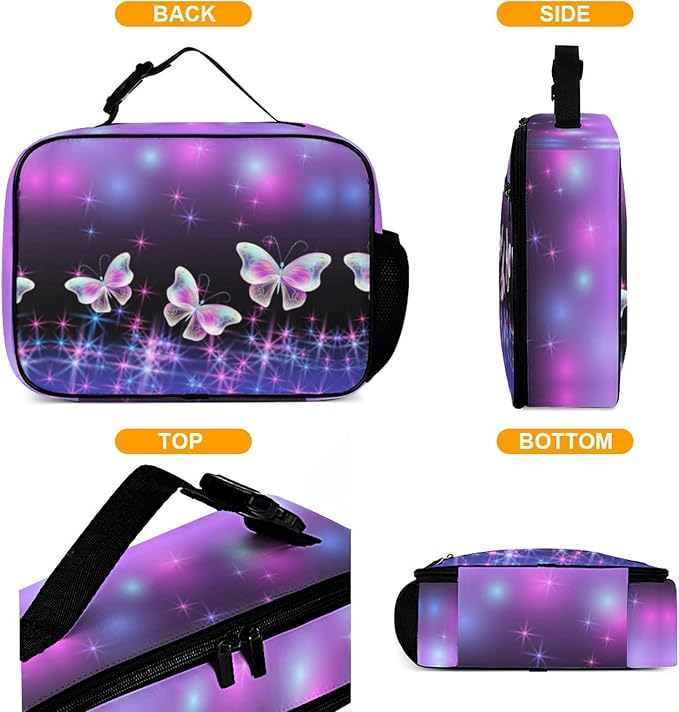 Butterflies and Sparkle Stars Reusable Lunch Box Insulated Lunch Bag Cooler Bag Lunchbox Meal Food Container Tote Bag for Women Kids Girls School Camping Hiking Picnic Beach Travel
