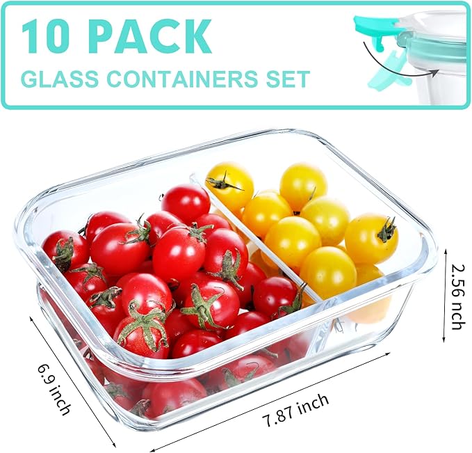 VERONES 10 Pack Glass Meal Prep Containers 2 Compartment Set, 30 OZ Airtight Glass Lunch Containers, Glass Food Storage Containers with Lids, for Microwave, Oven, Freezer & Dishwasher Friendly,Green