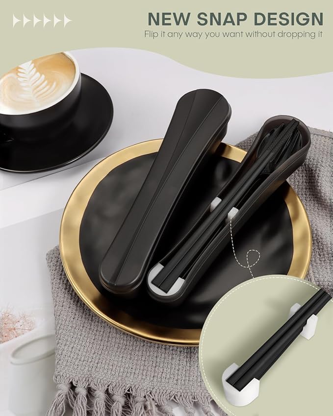 2 Pack Travel Utensils with Case, PHILIPALA Portable Reusable Silverware Set for Lunch Work Picnic, 18/8 Stainless Steel Camping Cutlery Set Includes Fork Spoon Chopsticks(Silver&Black)
