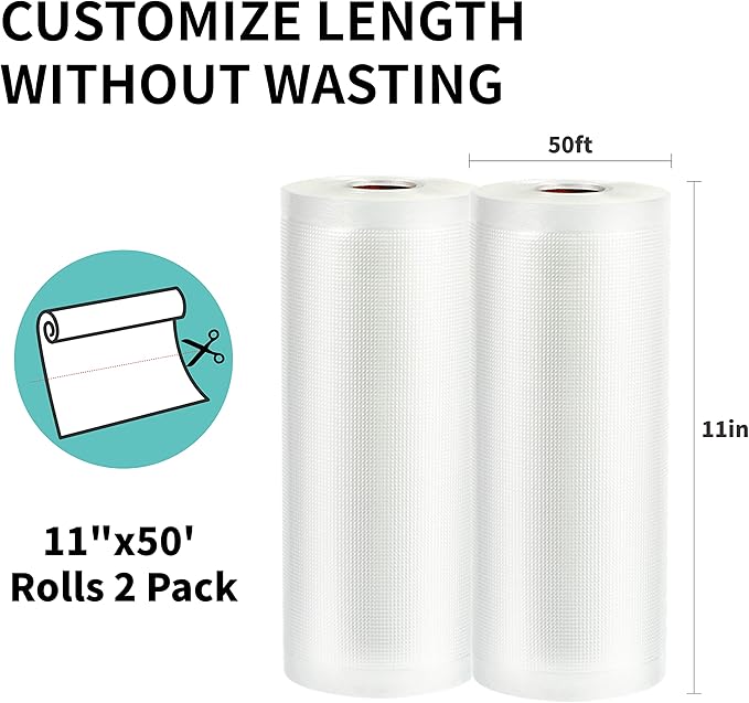 Happy Seal Vacuum Sealer Bags 11" x 50' 2 Pack for Food Saver, Rolls for Custom Fit Airtight Food Storage, Meal Prep or Sous Vide, Commercial Grade Vacuum Seal Freezer Bags Storage Bags