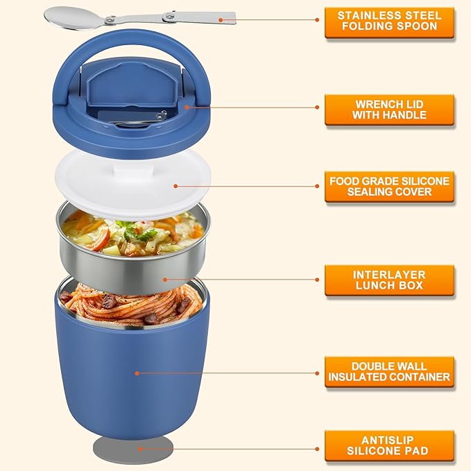MAXSO Lunch Container 40 oz for Adults Stainless Steel Vacuum Insulated Food Jar, Soup Thermo for Hot Food Thermal Bento Box, Wide Mouth Leakproof Buckle Lid with Spoon - Blue