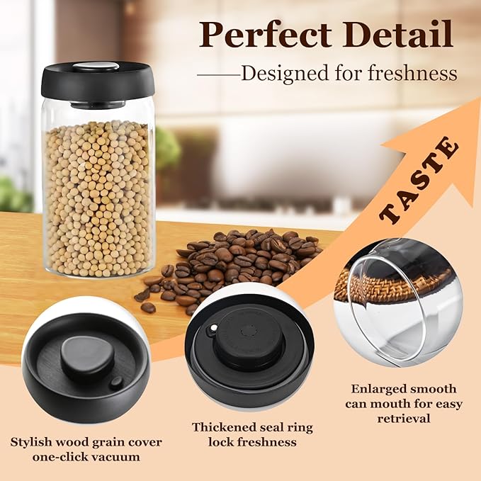 Vacuum Coffee Canister, 40FLOZ×2pcs Airtight Glass Jars Set for Kitchen Pantry,Coffee Bean Storage Container,Perfect for Ground Coffee,Loose Tea,Sugar