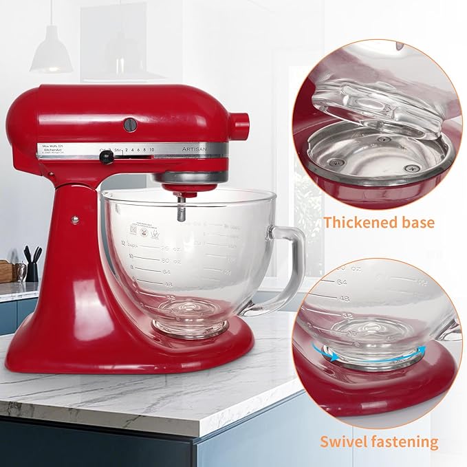 5QT Glass Bowl Compatible with KitchenAid 4.5 and 5-Quart Tilt Stand Mixers,Glass Mixing Bowl with Lid, Measurement Markers and Handle, Dishwasher Safe