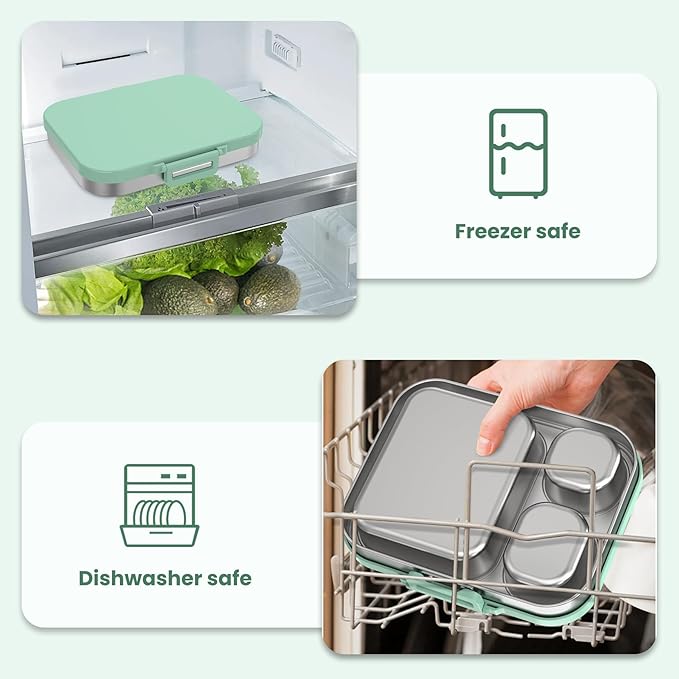 Stainless Steel Lunch Box, Leak-Proof with free sealing Bento Box 3 Compartments, Metal Lunchbox for Travel & Work, Eco-Friendly Meal Storage Solution Green