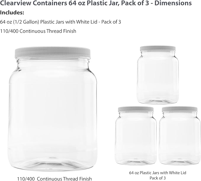 3 Pack of 64 Ounce Plastic Half Gallon Jars with 110/400 Leak Proof Seal Lid - Food Grade and BPA Free (64oz, 3pk)