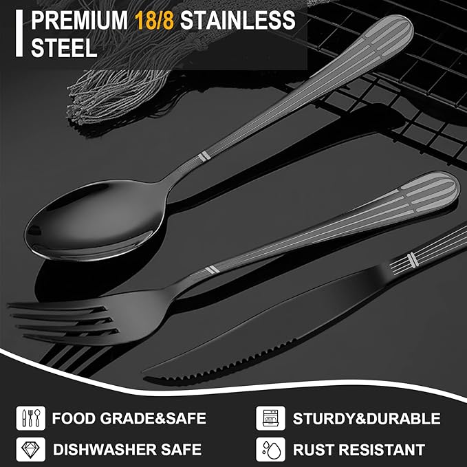 Portable Utensils Set With Case - 18/8 Stainless Steel Spoon and Fork Set for Travel, Camping, Office, Lunch Box - 3 PCs Steak Knife Included - Dishwasher Safe