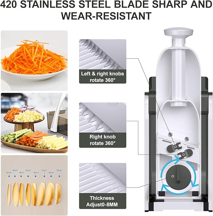 5 in 1 Safe Mandoline Slicer for Kitchen, Safe Vegetable Chopper with Paring Knife, Adjustable Thickness, Easy to Clean, Vegetable Slicer, Slicing, Strips, Shredding, Dicing, Chop (GreenBlack)