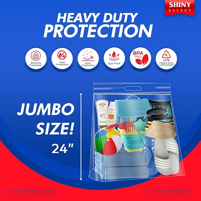 10 Gallon Jumbo Storage Bag with Handle Huge Size 24"x24" Resealable Zipper Top Super Clear Big Strong Thick Plastic Extra Large XL 4 Mil Heavy Duty for Linens, Baby Items, Swimming, Vacation, Sports