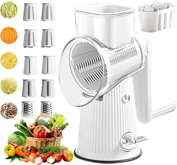Preservea 5 In 1 Rotary Grater,2025 New Preservia 5 In 1 Rotary Cheese Grater Vegetable Slicer,Preservea 5 in 1 Hand Crank Food Chopper,Easy To Clean Kitchen Gadgets(white)