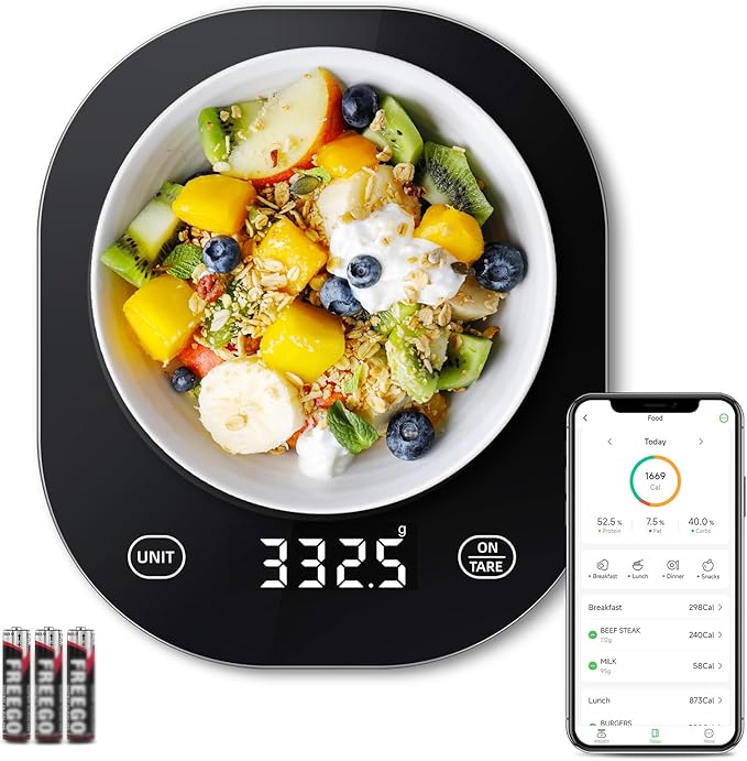Arboleaf Smart Food Kitchen Scale, 22lb Digital Food Scale with Nutritional Calculator, Smart Kitchen Weighing with App for Macro, Keto, Calorie, Cooking, Grams and Ounces, 0.1oz/0.5g,Black