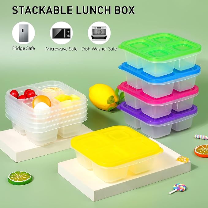 Ruisita 10 Pieces 4-Compartment Snack Bento Box Reusable Lunch Box Divided Food Storage Containers with Lids Portion Control Meal Prep Container for School, Work and Travel, White