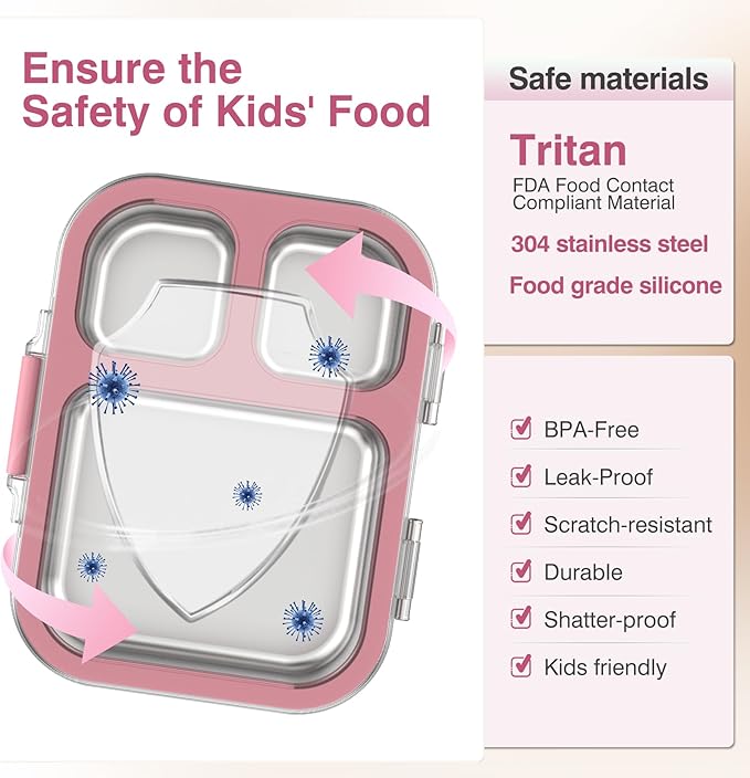Stainless Steel Lunch Box, 3 Compartments Metal Bento Box for Kids Adults, Leak-Proof Lunch Box for School Office, Dishwasher Safe, BPA-Free, Tritan Lid, Pink