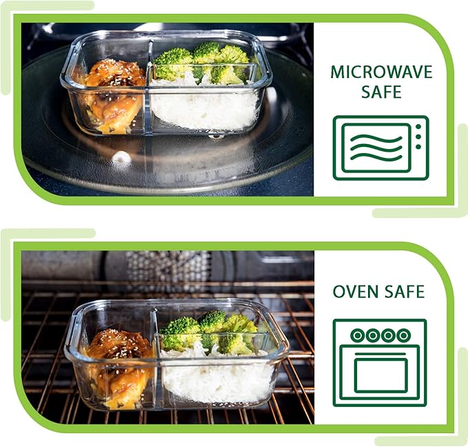 Glass Meal Prep Containers - 4-Pack 35 Oz. 3 Compartment Bento Box Lunch Containers | Bento Lunch Box Portion Control Containers | 3 Compartment Food Containers