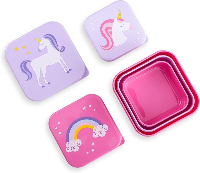Wildkin Nesting Food Containers for Kids – Stackable, Airtight & Dishwasher Safe - Set of 3 - Unicorn