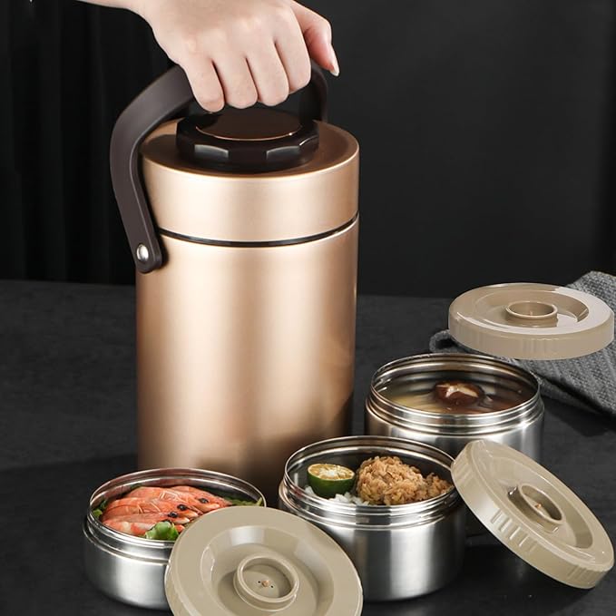 3-Layer Insulated Lunch Box for Men, Soup Thermos, Adult Leakproof Insulated Hot Food Jar Container, Stainless Steel Thermal Bento Box Lunch Bag Cutlery for Office Construction Worker Trucker Picnic