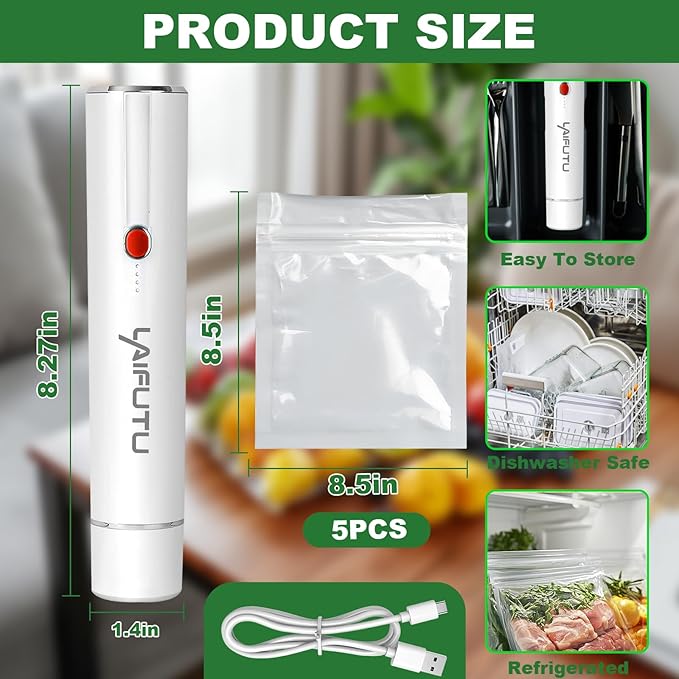 Vacuum Sealer with 5 PCS Reusable Sous Vide Bags, Handheld Compact Vacuum Sealer For Food Preservation, Portable Cordless Sealer Machine Food Fresh for Preserving Vegetables, Fruits, White