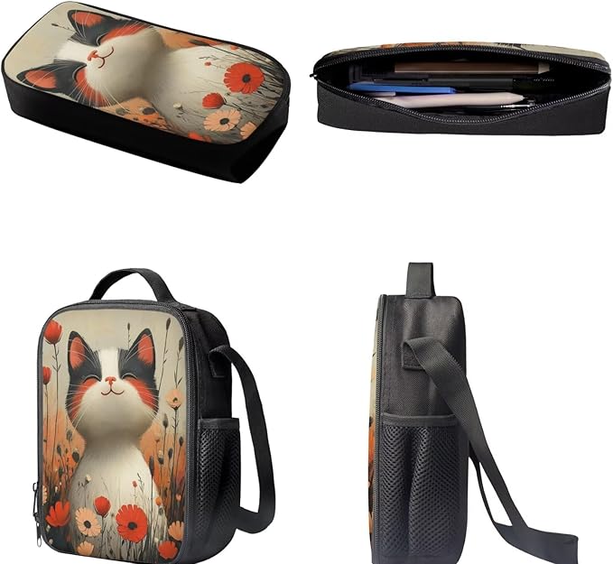 Dolyues Flower Cat Adorable Girls Backpack Set: 17 Inch Cute School Backpack, Insulated Lunch Bag & Pencil Case for Kids - Perfect for Elementary Students & Daily Use