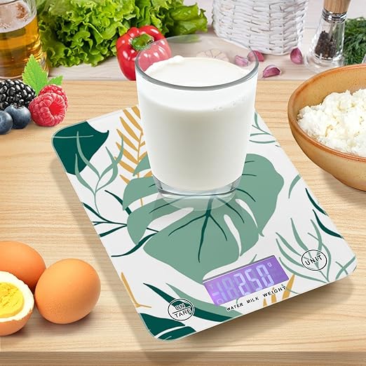 Food Scale Kitchen Digital Scale Food Ounces and Grams Dieting Baking Cooking Waterproof Glass Panels LCD Display,4 Units Scale Tare Function Palm Leaves